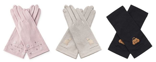 フラワーモチーフUVケアショートグローブ ピンク,キャットモチーフUVケアショートグローブ ライトベージュ,トイ・プードルモチーフUVケアフィンガーレスショートグローブ ブラック