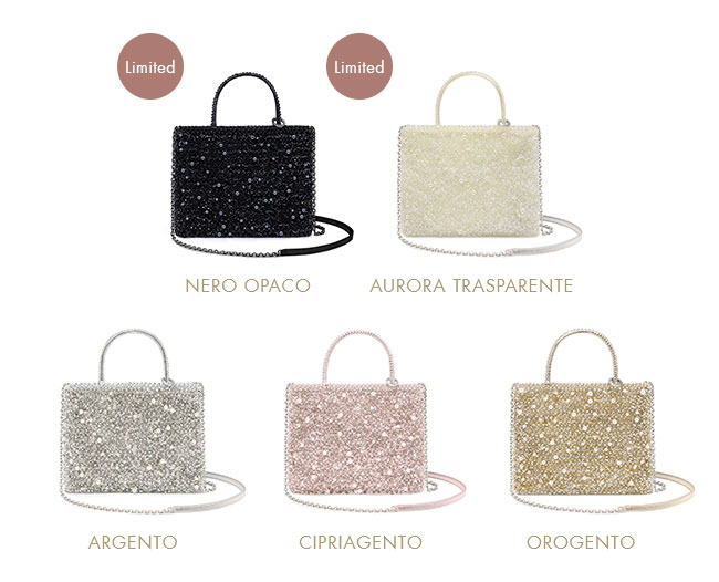 ペルラ グリッター/スクエア ミディアム/エナメルブラック、オーロラトランパレンテ、シルバー、パウダリーピンクシルバーシルバーゴールド