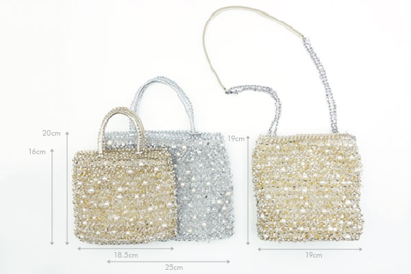 ペルラ グリッター/スクエア スモール/シルバーゴールド,ペルラ グリッター/スクエア ミディアム/シルバー,ペルラ グリッター/バケットバッグ/シルバーゴールド