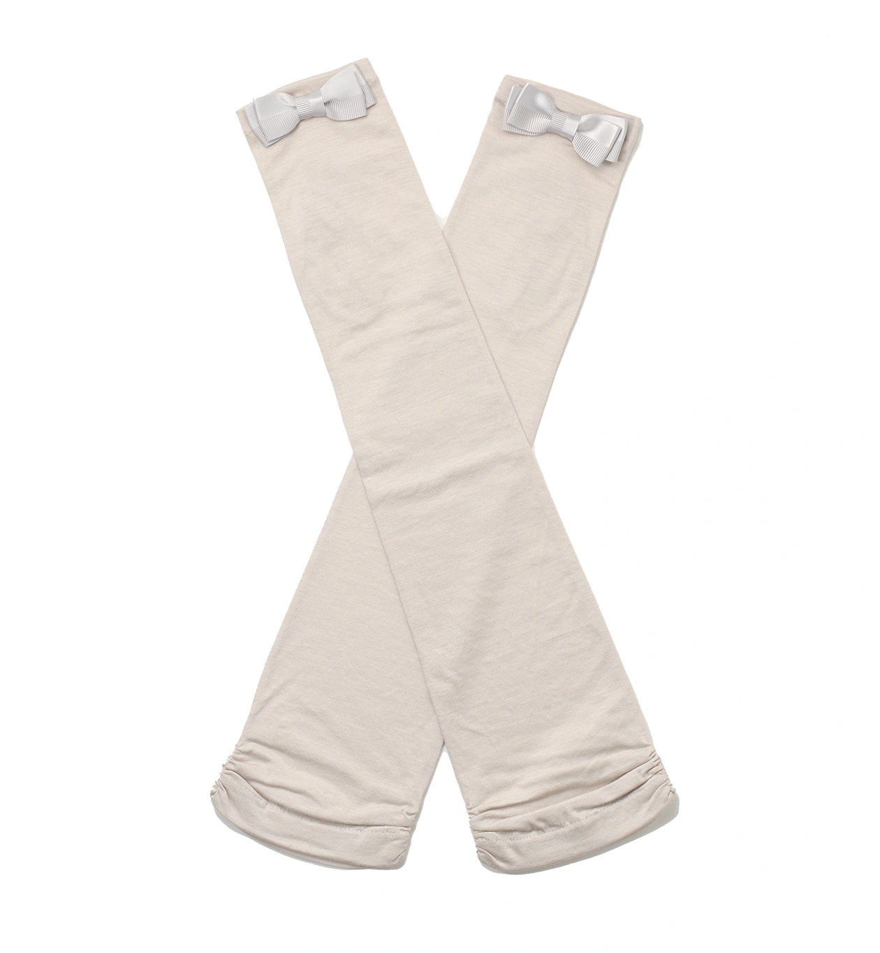 サテングログランリボン付きメッシュUVケアフィンガーレスロンググローブ/グレー